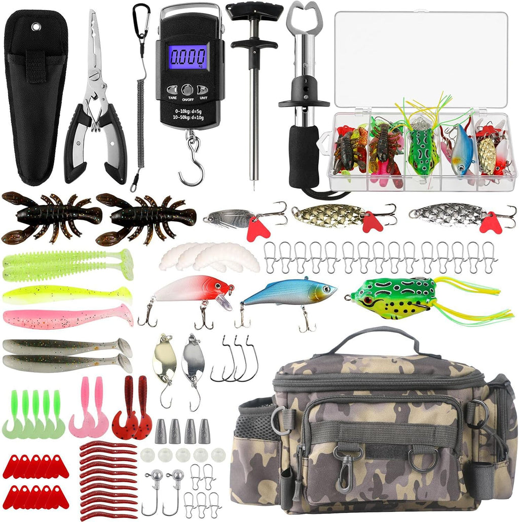 113Pcs Fishing Tool Kit, Fishing Bag, Fishing Pliers Hook Remover, Fish Lip Gripper, Fishing Lures Hook Tackle Box, Handheld Digital Scale, Ice Fly Fishing Gear Accessories Set Fishermen Gift