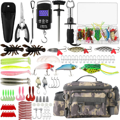 113Pcs Fishing Tool Kit, Fishing Bag, Fishing Pliers Hook Remover, Fish Lip Gripper, Fishing Lures Hook Tackle Box, Handheld Digital Scale, Ice Fly Fishing Gear Accessories Set Fishermen Gift