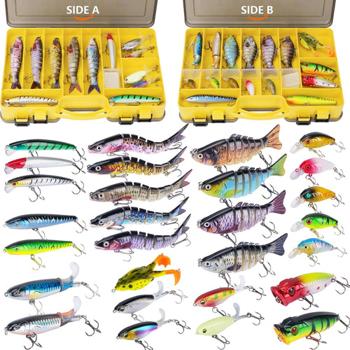 Fishing Lures Kit with Multi Jointed Swimbaits Surface Popper Crankbaits Pencil Minnow Frog, 28Pcs Topwater Trout Bass Fishing Tackle Fathers Day Fishing Gifts for Men Dad