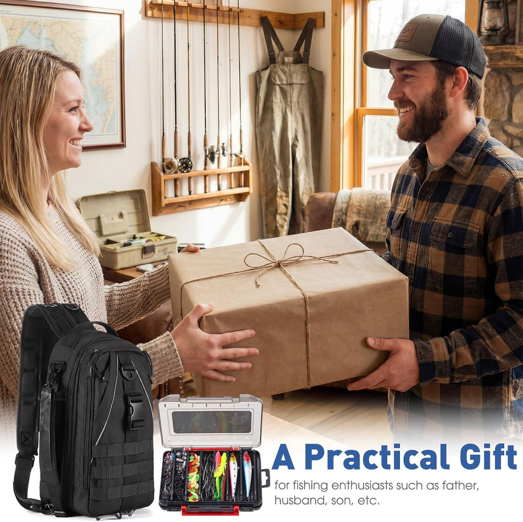 256 Pcs Fishing Backpack with Tackle Box Gears, Tackle Sling Bag Backpack, Fishing Hook, Lures, Retractable Landing Net, Plier, Lip Gripper, Hook Remover, Fish Gift Men