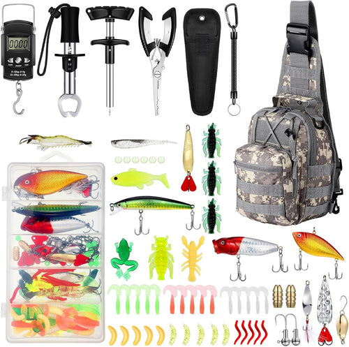 134 Pcs Fishing Tool Fishing Tackle Box Kit and Equipment for Adults Beginner Gift, Hook Remover, Pliers Kit, Backpack Tackle Container Lures, Lip Gripper, Weigh Scale