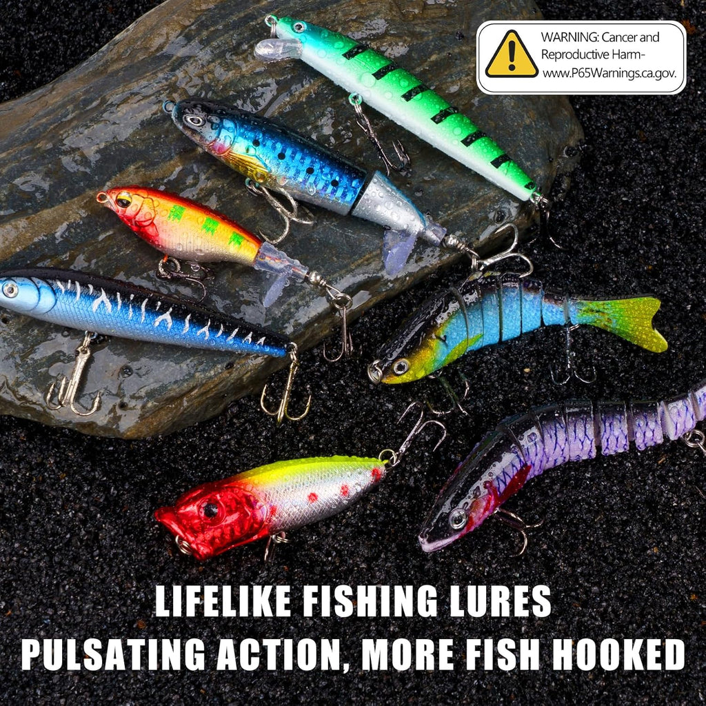 Fishing Lures Kit with Multi Jointed Swimbaits Surface Popper Crankbaits Pencil Minnow Frog, 28Pcs Topwater Trout Bass Fishing Tackle Fathers Day Fishing Gifts for Men Dad
