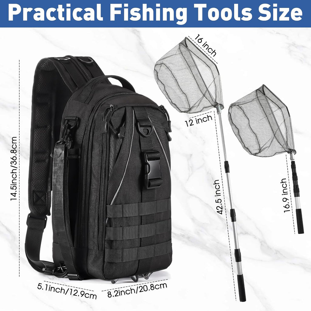 256 Pcs Fishing Backpack with Tackle Box Gears, Tackle Sling Bag Backpack, Fishing Hook, Lures, Retractable Landing Net, Plier, Lip Gripper, Hook Remover, Fish Gift Men
