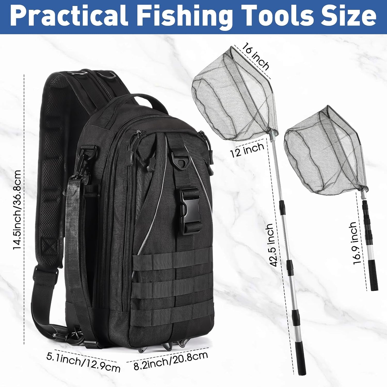 256 Pcs Fishing Backpack with Tackle Box Gears, Tackle Sling Bag Backpack, Fishing Hook, Lures, Retractable Landing Net, Plier, Lip Gripper, Hook Remover, Fish Gift Men