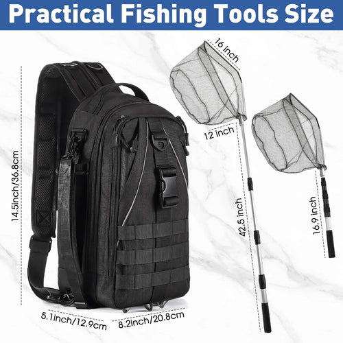 256 Pcs Fishing Backpack with Tackle Box Gears, Tackle Sling Bag Backpack, Fishing Hook, Lures, Retractable Landing Net, Plier, Lip Gripper, Hook Remover, Fish Gift Men