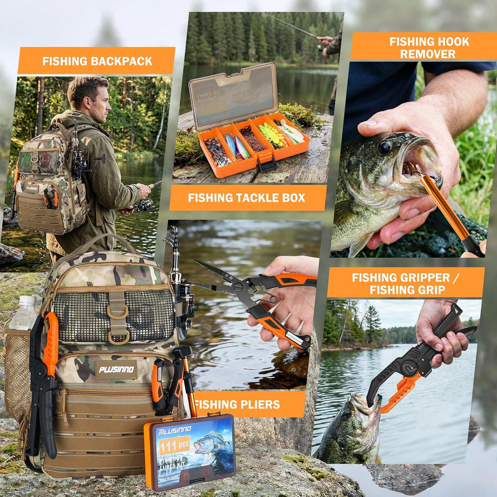Fishing Gear, Fishing Backpack with Fishing Rod, Tackle Box, Waterproof Tackle Backpack with Rod Holders,Lures, Tools, Pliers & Accessories, Fish Gifts for Men