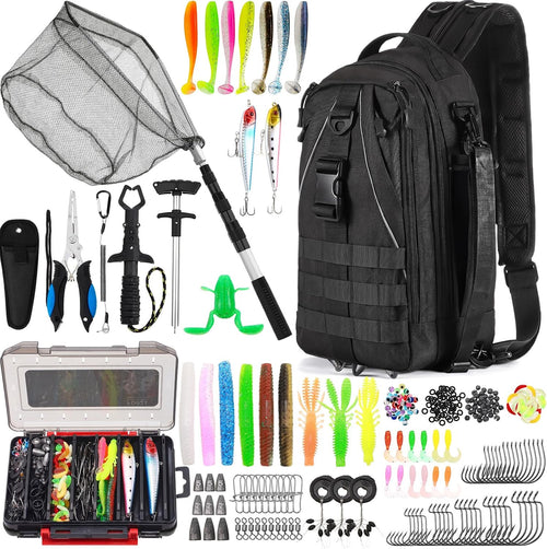 256 Pcs Fishing Backpack with Tackle Box Gears, Tackle Sling Bag Backpack, Fishing Hook, Lures, Retractable Landing Net, Plier, Lip Gripper, Hook Remover, Fish Gift Men