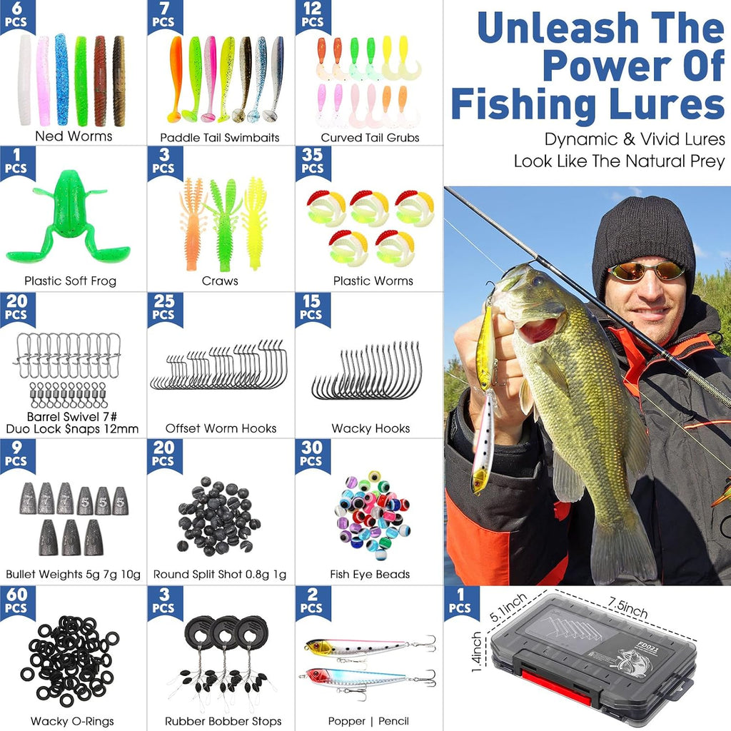 256 Pcs Fishing Backpack with Tackle Box Gears, Tackle Sling Bag Backpack, Fishing Hook, Lures, Retractable Landing Net, Plier, Lip Gripper, Hook Remover, Fish Gift Men